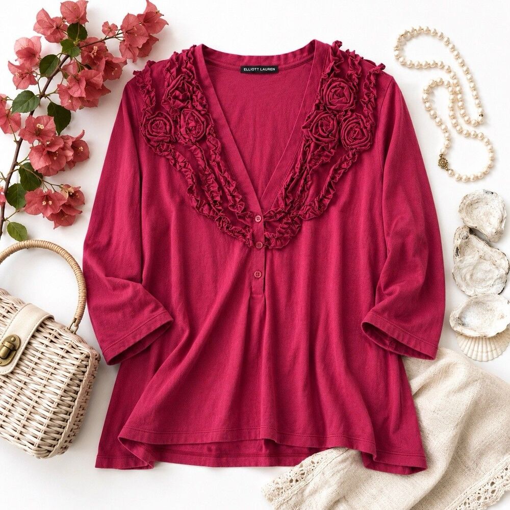 Elliott Lauren Pima Cotton Rosette Cardigan Small Wine Pink Romantic Lightweight